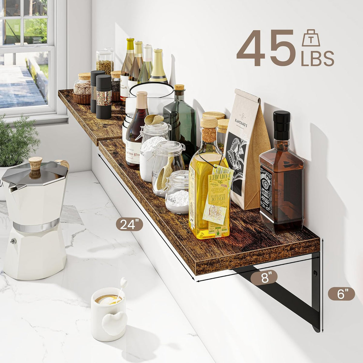 Dreamland Dark Brown Floating Shelves, 24W x 8D Wall Mounted Shelves Set of 2, Wide Display Ledge Shelf with Sturdy Metal Brackets for Living Room