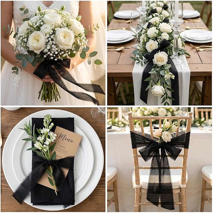 Handmade Chiffon Ribbon 1.5 Inch Wide, 3 Rolls 21 Yards, Classic Frayed Edge Ribbon for Wedding Accents, Invitations, Bouquets & DIY Crafts (Black)
