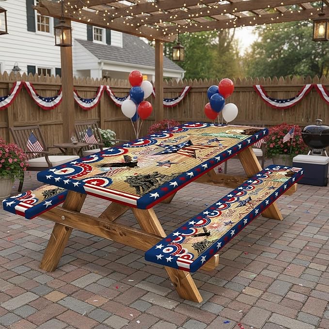 JAWO Patriotic 4th of July Picnic Table Cover with Bench Covers, Waterproof American Flag Eagle Tablecloth with Elastic Edge, Lightweight Camping Essentials for Rectangle Tables with Carrying Bag,96in