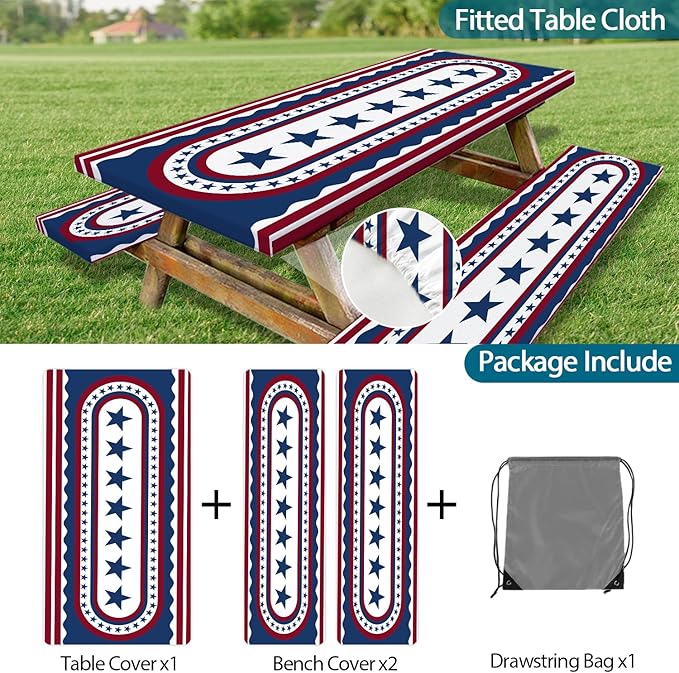 JAWO 4th of July Picnic Table Cover with Bench Covers, Patriotic USA Stars Waterproof Elastic Fitted Tablecloth, Independence Day Outdoor Camping Patio Essentials 3PCS with Drawstring Bag,60in