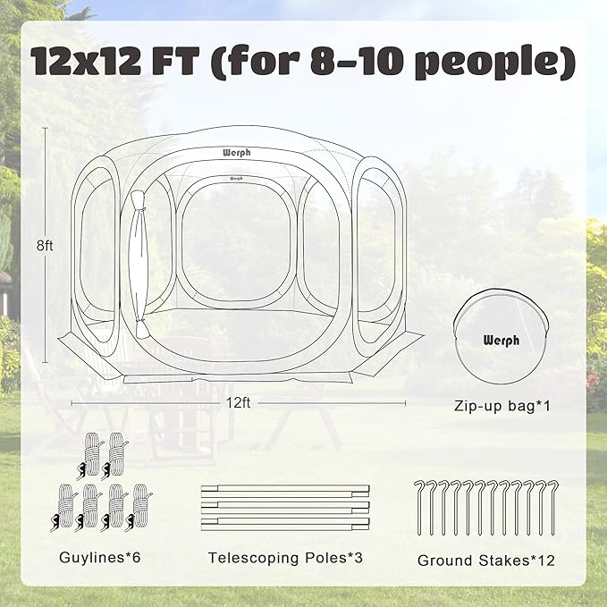 Werph 12x12 Pop Up Screen Tent, Mosquito Net Gazebo, UV Resistant Roof Waterproof Screen Canopy, Quick Setup Outdoor Shelter for Backyard, Patio, Garden, Picnic, Camping and Events, Green