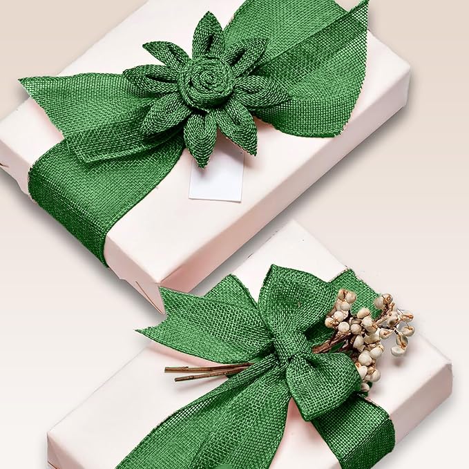 Dark Green Burlap Ribbon 1 1/2 inch X 10 Yard Natural Dark Green Woven Ribbon DIY Handmade Solid Wired Edging Production Wreath Holiday Decoration Gift Ribbon Gift Wrapping Dark Green Ribbon