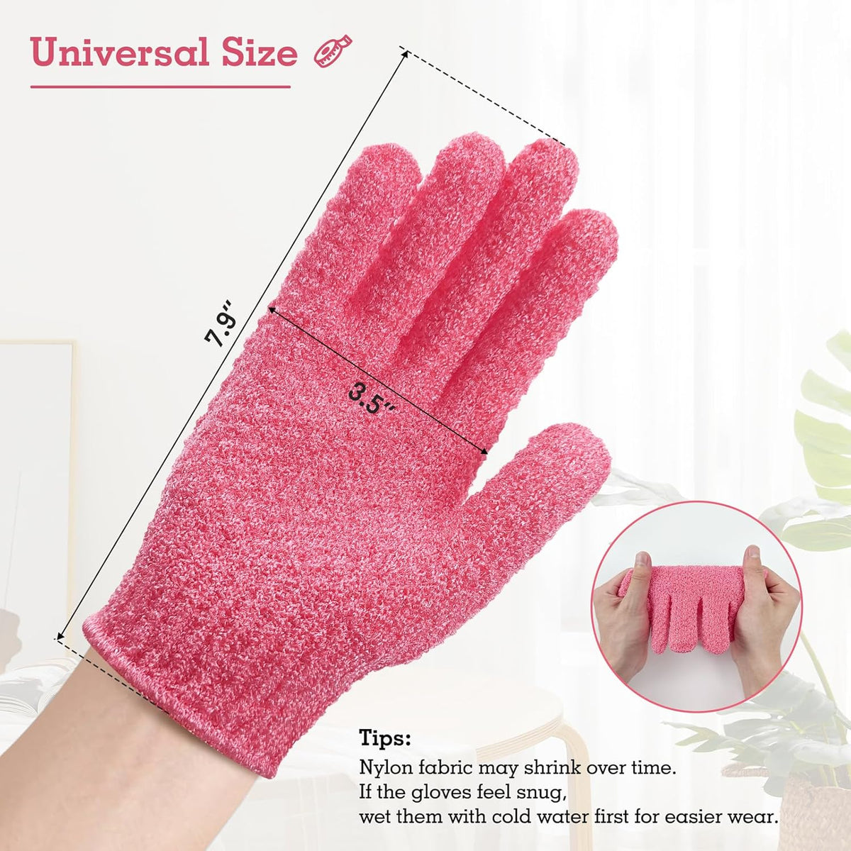Evridwear Exfoliating Gloves for Shower, 100% Nylon Thick Soft Medium Heavy Bathing Gloves Dead Skin Remover Body Scrubber Smooth Skin with Hang Loop, 3 Pairs Heavy Hot Pink