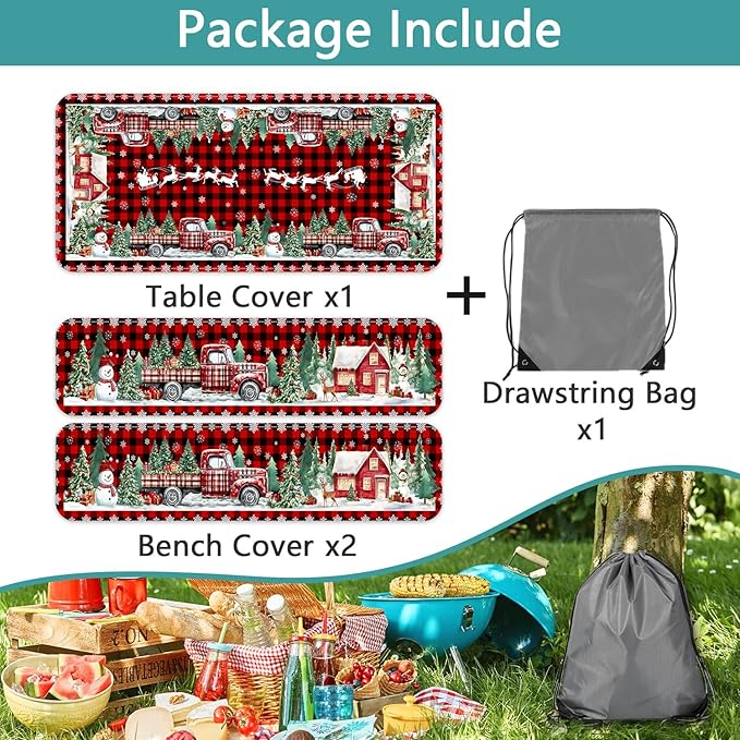 Christmas Picnic Table Cover with Bench Covers and Bag, Camping Essentials, Red Plaid Xmas Waterproof Windproof, Fitted Tablecloth Cover with Elastic Edge, for Indoor & Outdoor, 3 PCS, 30x96 Inch