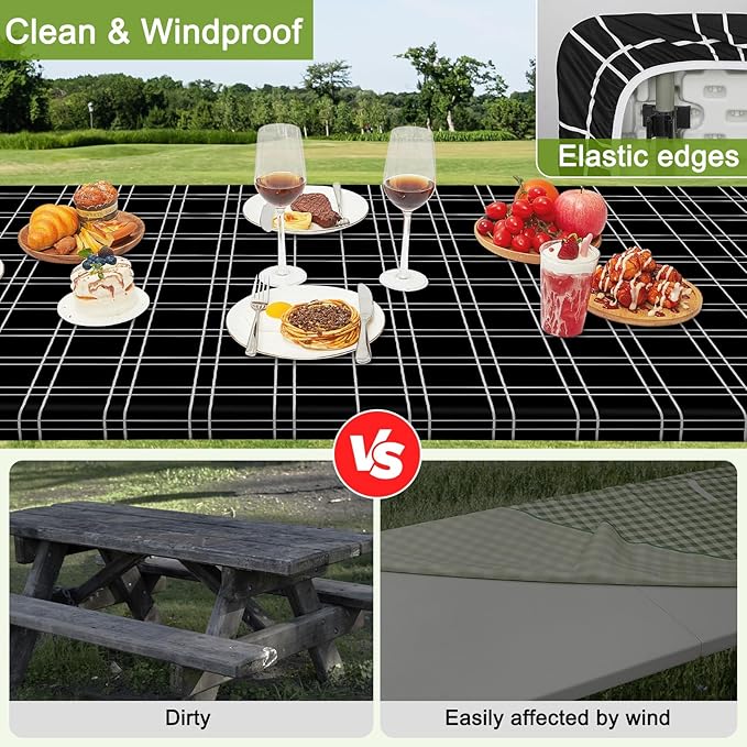 Picnic Table Cover with Bench Covers Portable Table Cloth Built-in Storage Pocket Fitted Tablecloth with Elastic Edges Waterproof Camping Essentials for Indoor Outdoor Rv,96in,Black