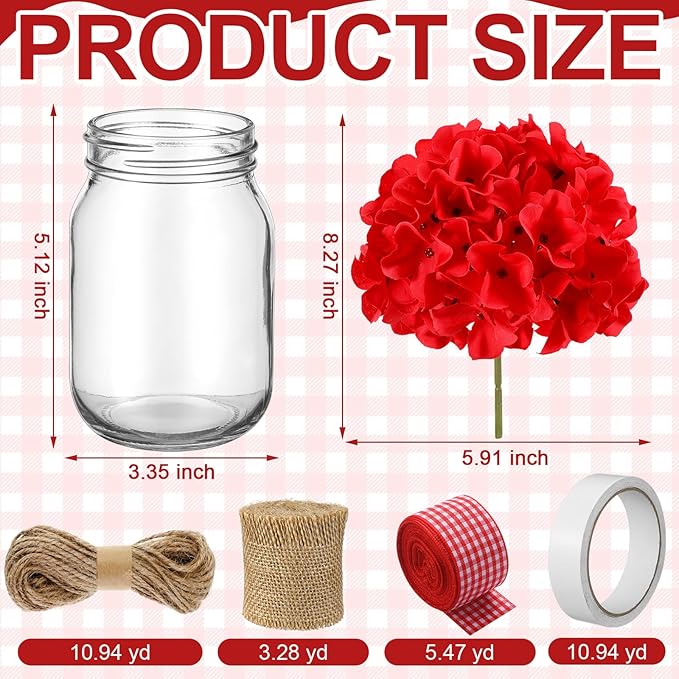 Daifunli 6 Set Picnic Party Centerpieces for Table Mason Jar Table Decor with Artificial Flowers Red Gingham Ribbon for Picnic Birthday Party BBQ Baby Shower Wedding(6,Hydrangea)