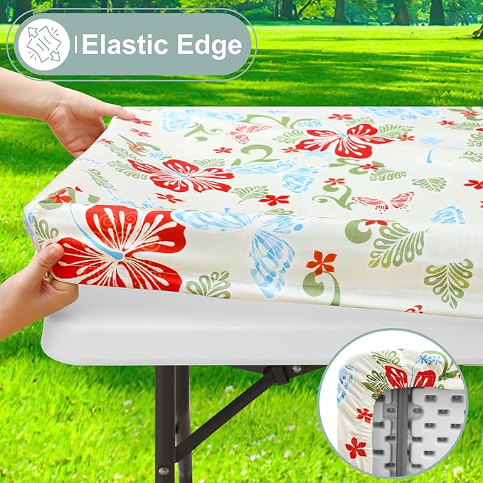 misaya Picnic Table Cover with Bench Cover, Waterproof Elastic Fitted Tablecloth for 8 Foot Tables, Rectangle Washable Polyester Fabric Tablecloths for Picnic, Camping, Outdoor (Butterfly, 30" x 96")