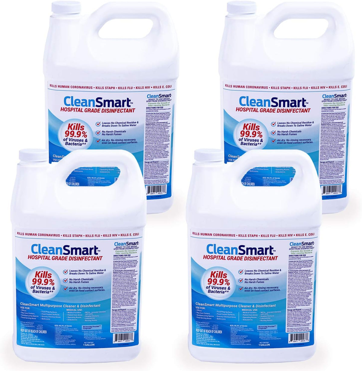 CleanSmart Hospital Grade Disinfectant, Kills 99.9% of Viruses and Bacteria, Hypochlorous Acid Technology, EPA Registered, 4 Gallons (HOCL)