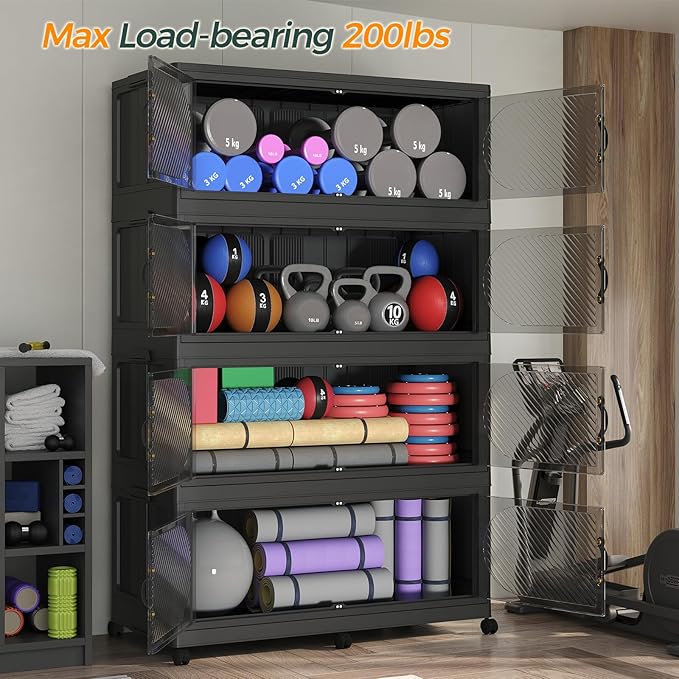 320GAL Plastic Storage Bins with Lid, 1280QT Extra Large Stackable Closet Organizers and Storage, Collapsible Storage Boxes with Wheels, Folding Cabinet for Home Kitchen Office, 4Pack Black