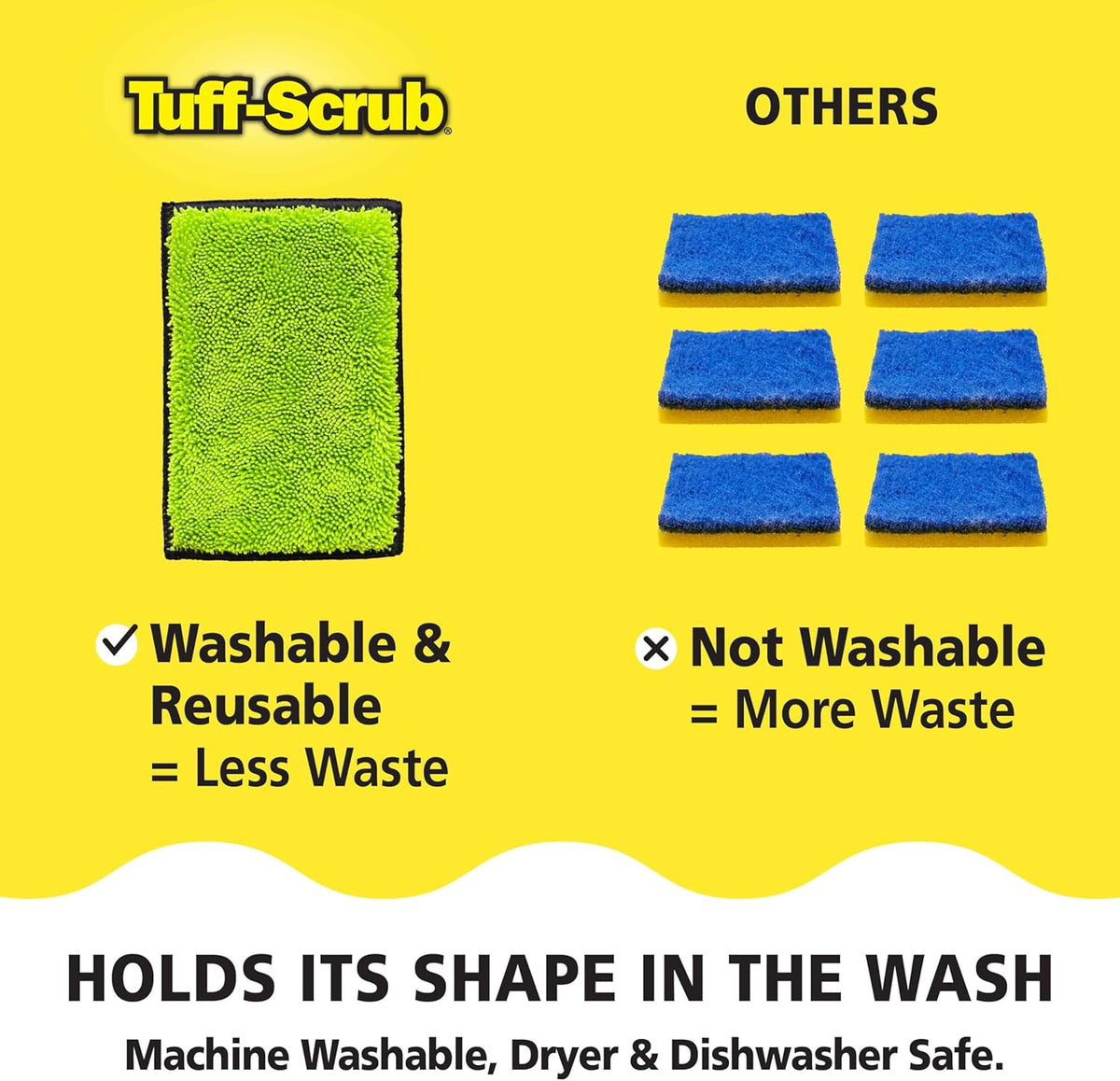 Fresh Tuff-Scrub, Large, 6-Pack Scrub-N-Wipe Sponge Cloth with Silvadur Antimicrobial for Odor Control, Microfiber, Multi-Surface, Non-Scratch, Dual-Sided, Machine Washable, Durable Kitchen Sponge