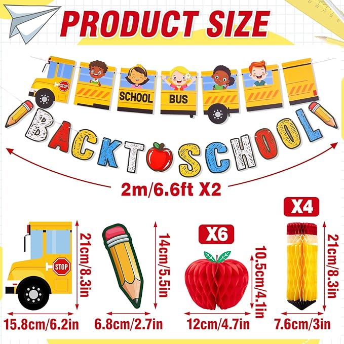 Back to School Party Decoration Set School Bus and Colorful Letters with Apple and Pencil Hanging Honeycomb Decorations