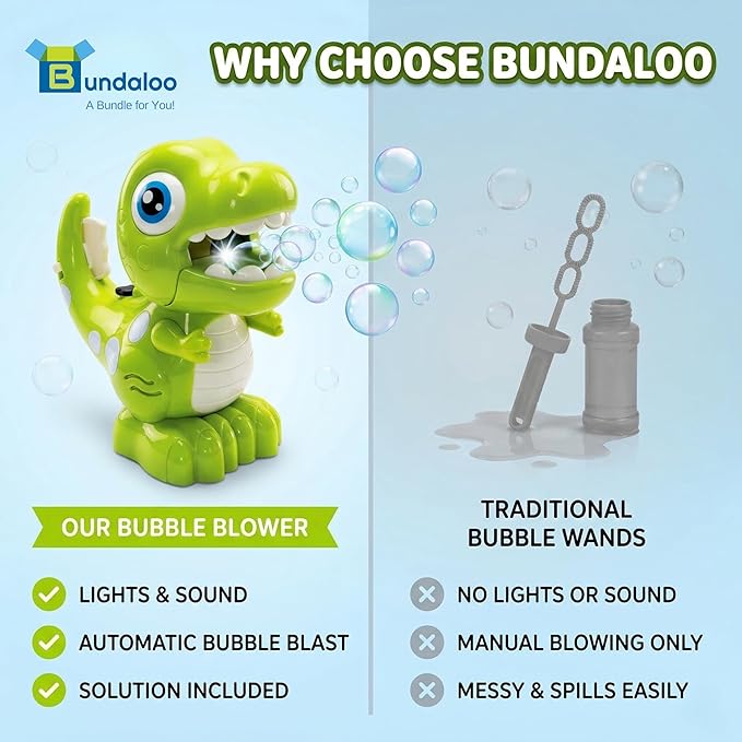 Dino Bubble Blower for Kids, Automatic Bubble Machine with Lights & Sounds, Includes 2 Bottles of Bubble Solution & Funnel, Fun Dinosaur Bubble Toy for Toddlers & Kids Ages 3+
