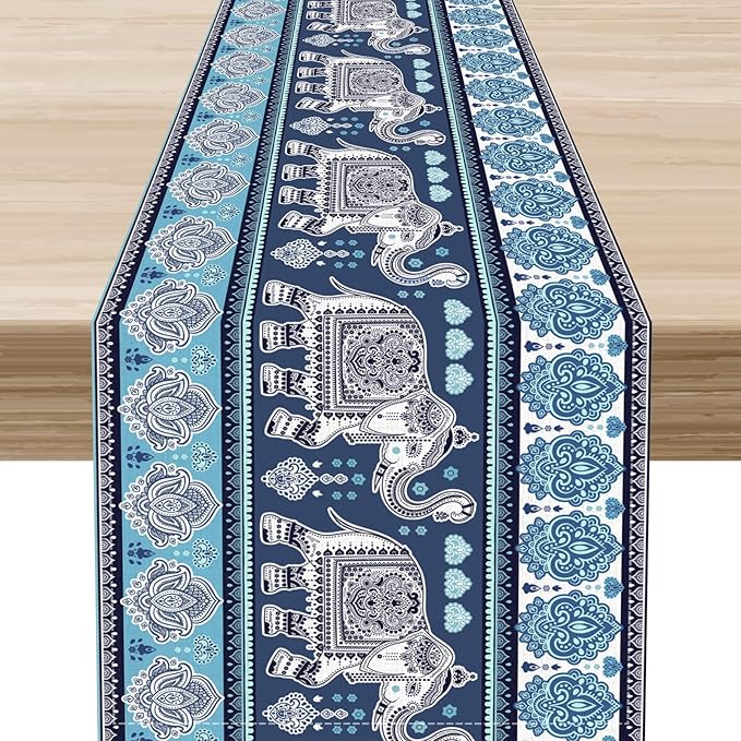 Boho Elephant Table Runner, Rustic African Tribe Animal Diwali India Damask Mandala Art Print Blue Coffee Table Center Decor for Home Kitchen Dining Holiday Party Outdoor Table Decorations, 13"x90"