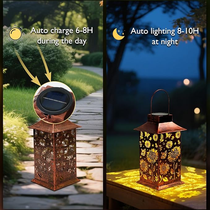 Homemory Sunflower Solar Lanterns Outdoor Waterproof, Birthday Gifts for Women Mom Grandma, LED Metal Decoration for Outside, Yard, Backyard, Porch, Lawn