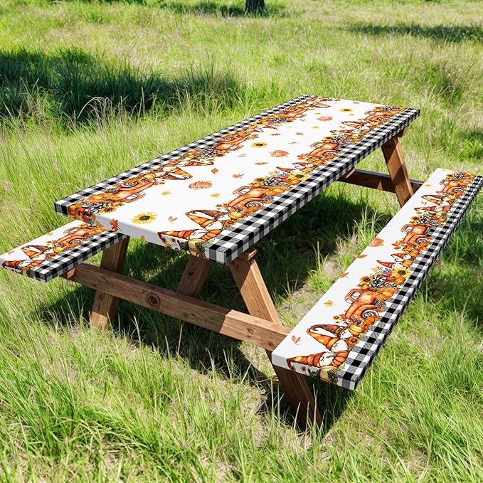 Fall Picnic Table Cover with Bench Covers, Camping Essentials, Buffalo Plaid Thanksgiving Pumpkin Waterproof Windproof, Fitted Tablecloth Cover with Elastic Edge, Indoor & Outdoor, 3 PCS, 30x72 Inch