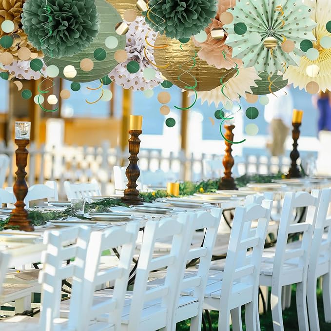 20PCS Sage Green Party Decoration,Green Paper Lanterns Fans,Pom Poms Flowers,Hanging Party Garland for Women Girls Boys Adults Birthday Party,Wedding,Baby Shower,Bridal Shower Party Decor