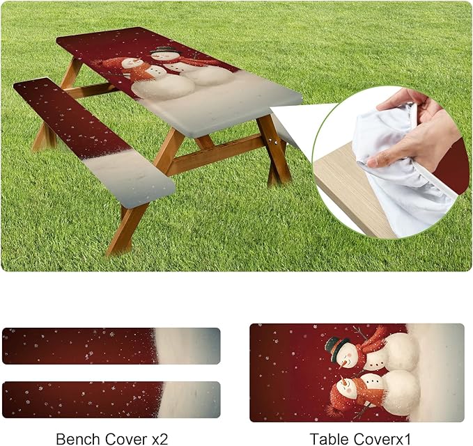 ANNA QUEEN 6FT Christmas Snowman Picnic Table Cover with Bench Covers Picnic Table Cover Set 3PCS 72"x30", Outdoor Bench and Tablecloth Furniture Protection for Camping