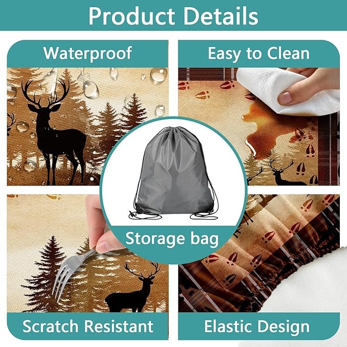 30X96 Inch Brown Deer Picnic Table Cover with Bench Cover and Drawstring Bag, Waterproof Washable Fitted Outdoor Tablecloth Rectangular Elastic Edged for Camping Outdoor Travel, 3 Pieces Set