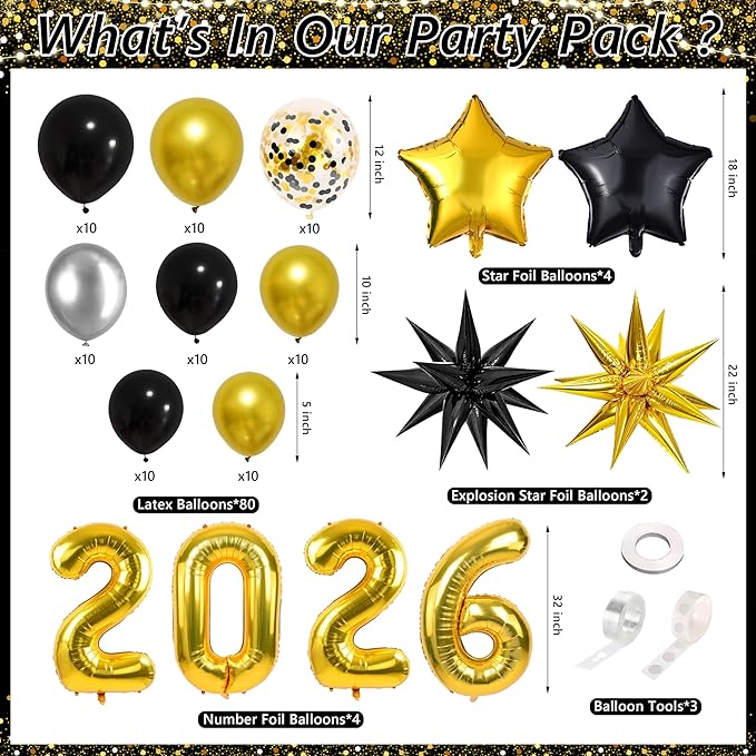 Graduation Decorations Class of 2026 Congrats Grad 2026 Party Supplies Include Backdrop Tablecloth Balloon Boxes with Letters Honeycomb Centerpieces Balloon Arch Kit Foil Balloons (Black and Gold)