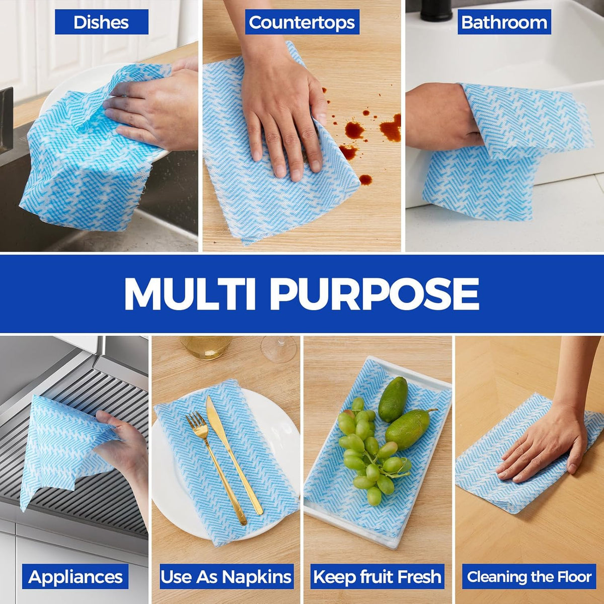 Disposable Cleaning Rolls Handi Wipes Reusable Cleaning Cloths Reusable Dry Kitchen Towels Dish Cloths Dish Towels 2 Roll, Total 200 Pcs, Blue