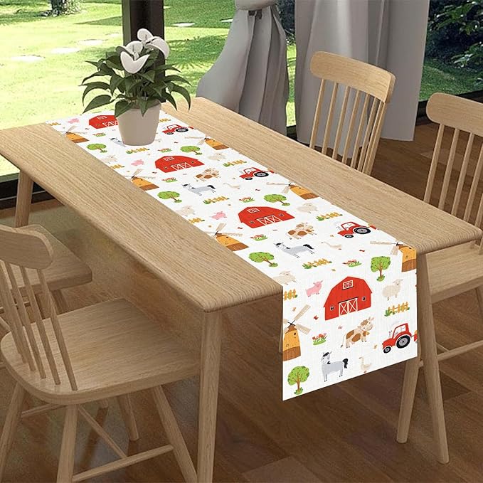 Farm Animals Table Runner, Rustic Farmhouse Cow Pig Rooster Watercolor Coffee Table Center Decor for Home Kitchen Dining Patio Holiday Party Indoor Outdoor Table Decorations, 13"x90" Inch