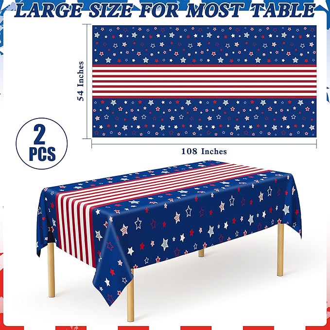 QZYL 2 Pack 4th of July Tablecloth, 54" x 108" American Plastic Table Cover, Disposable Red White Blue Tablecloths Fourth of July Table Cloth, Patriotic Party Supplies Independence Day Decorations