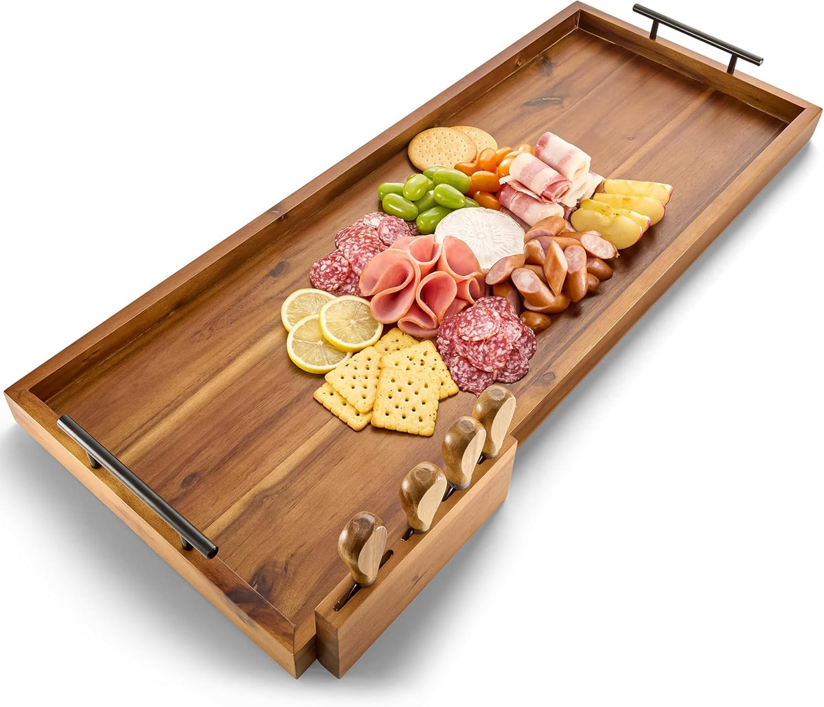 Acacia 30 Inch Large Charcuterie Boards for Party with Cheese Knife Set of 4 – Acacia Wood Serving Tray with Handles, Long Charcuterie Board
