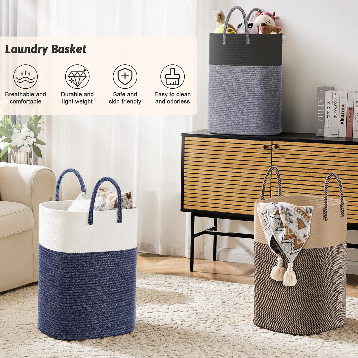 Laundry Basket,Woven Cotton Rope Laundry Hamper,Versatile Storage for Dirty Clothes,Baby Toys,and Blankets in Bathroom, Nursery,and Living Room (Jute, 60L)