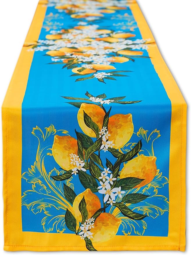 YiHomer Provence Blue Lemon Mediterranean Tile Tabletop for Spring Summer Decorations, Picnics and Dinner Parties - Indoor Outdoor, Stain and Water Resistant, Table Runner, 14 x 72