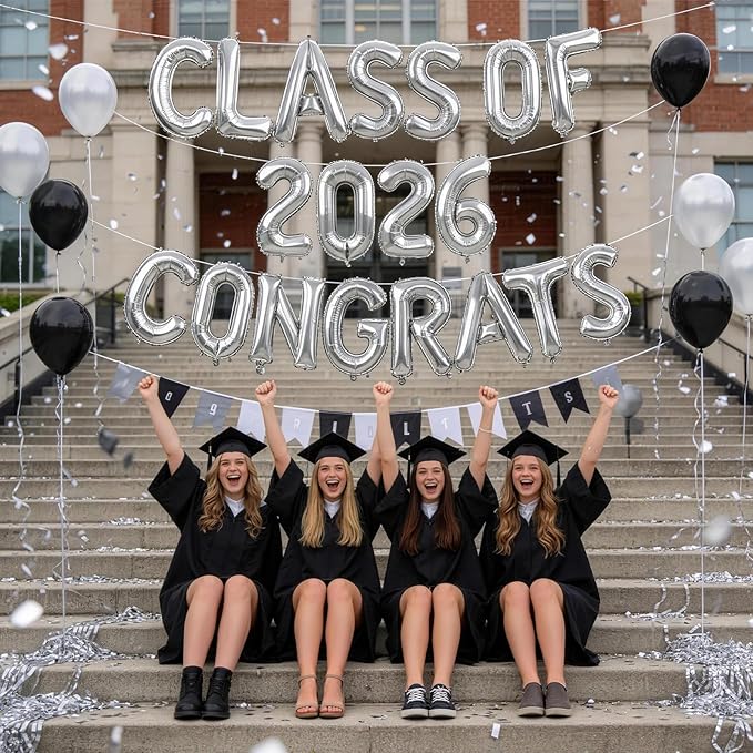 Silver Class of 2026 Congrats Balloons, 2026 Graduation Decorations 16inch Congrats Grad Foil Balloons Banner Sign for Class of 2026 College High School Graduation Prom Party Backdrop Supplies