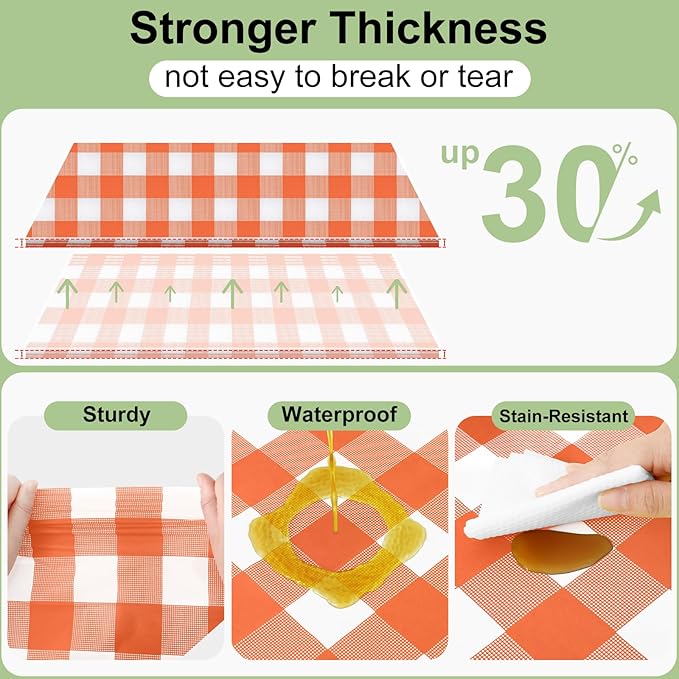 Smiry 3 Pack Orange Gingham Disposable Tablecloths - 54" x 108" Heavy Duty Plastic Table Cloth, Waterproof Buffalo Plaid Table Covers for Picnic, Banquets, Outdoor Parties
