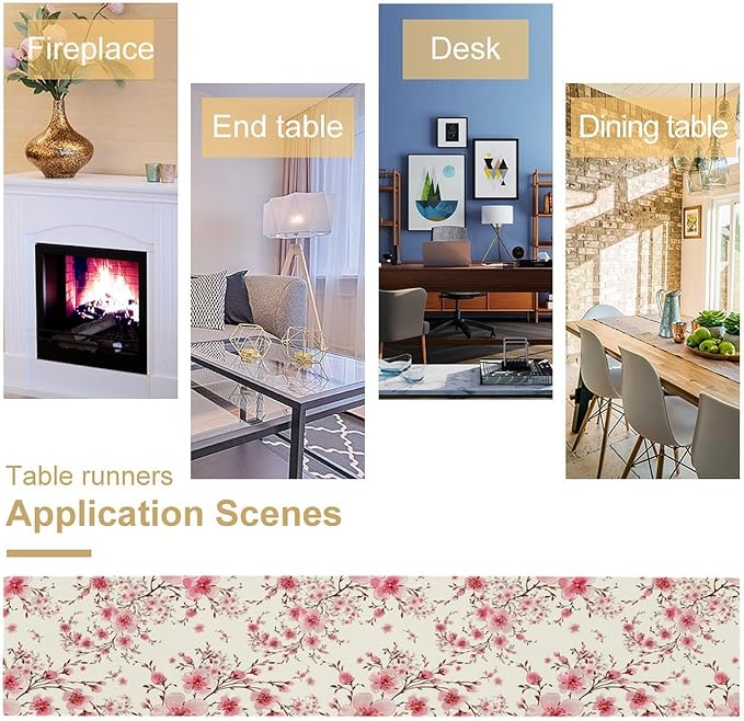 Cherry Flower Table Runner, Seasonal Spring Cherry Blossoms Branches Watercolor Floral Print Table Cover for Kitchen Dining Table Indoor Outdoor Party Decor, 13x60inch