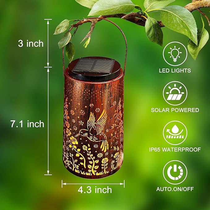 Solar Lanterns Outdoor Waterproof, 2 in 1 Amber & White Modes Upgraded, Bird Garden Decor Gifts for Women Mom Grandma, Metal Hanging Solar Lights Decoration for Yard Patio Porch Pathway, 1 Pack