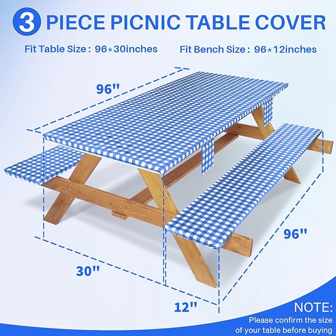 Fitted Picnic Table Cover with Bench Covers Elastic Waterproof Outdoor Camping Tablecloth for 8 Ft Rectangle Tables Camper Summer Accessories Rv Car Essentials Vacation Gifts for Men Women