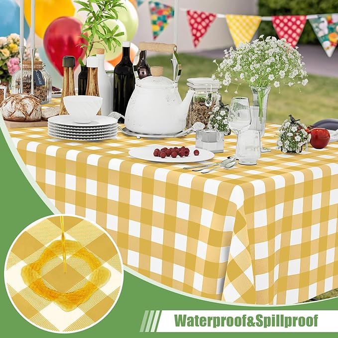 Smiry 6 Pack Gold Gingham Disposable Tablecloths - 54" x 108" Heavy Duty Plastic Table Cloth, Waterproof Buffalo Plaid Table Covers for Picnic, Banquets, Parties