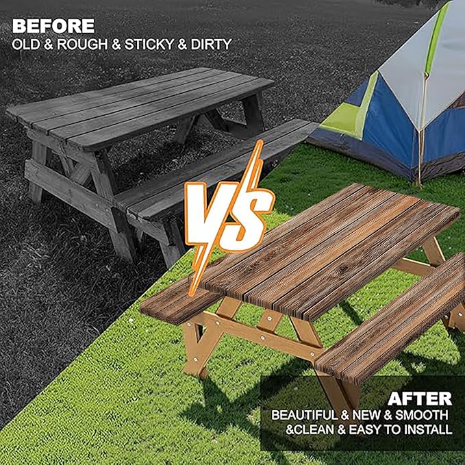 Farmhouse Picnic Table Cover with Bench Covers Camping Essentials Brown Wood Grain Waterproof Windproof Camping Tablecloth Fitted Tablecloth Cover with Elastic Edge for Indoor Outdoor 3 PCS 30x96 Inch