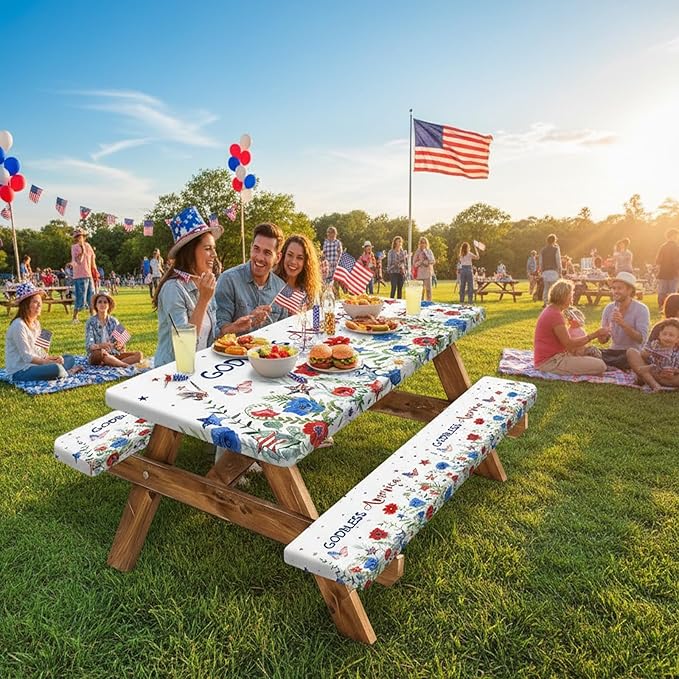JAWO 4th of July Picnic Table Cover with Bench Covers, Red Blue Watercolor Flowers Fitted Waterproof Tablecloth with Elastic Edge, 3 PCS Set for Outdoor Camping, Independence Day Decorations,96in