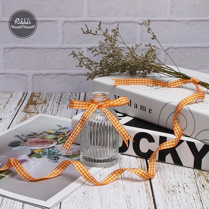 Ribbli Orange and White Gingham Ribbon,100% Polyester Woven Edge,3/8 Inch x 10 Yard,Plaid Ribbon Use for Gift Wrapping,Party Decoration