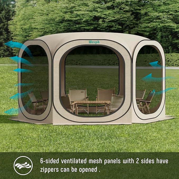 Werph 12x12 Pop Up Screen Tent, Mosquito Net Gazebo, UV Resistant Roof Waterproof Screen Canopy, Quick Setup Outdoor Shelter for Backyard, Patio, Garden, Picnic, Camping and Events, Beige