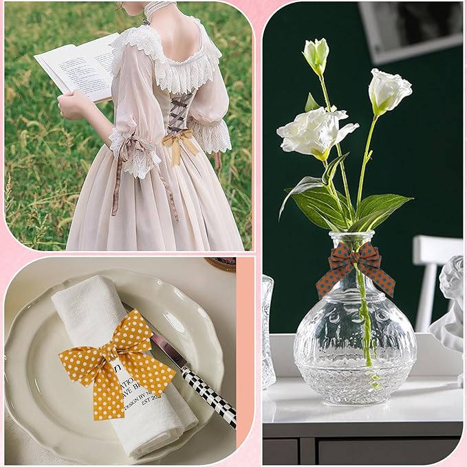 BEEFLYING 3 Styles Ginger Wire Edged Ribbons for Gift Wrapping, 25~28mm×2.7m Herrinbone Ribbons Spot Ribbons for Wedding Party Decoration Hair Bows Flower Designs Sewing and Craft, 9 Yards