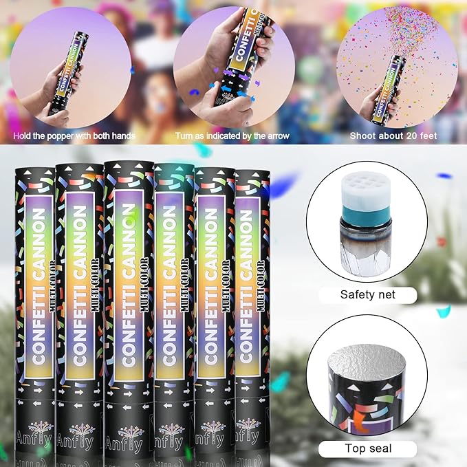 Anfly Confetti Poppers (6 Pack 12 Inch) - Multicolor Confetti Cannons for Wedding Celebration, Party Poppers Confetti Shooters for Birthday, Graduation, Christmas, New Year's Eve