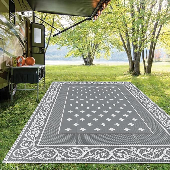 Pauwer Waterproof Outdoor Rug 6x9, Reversible Plastic Straw Patio Camping Rug, Indoor Outdoor RV Mat Carpet for Deck, Camper, Porch, Balcony, Backyard, Picnic, Bordered Grey