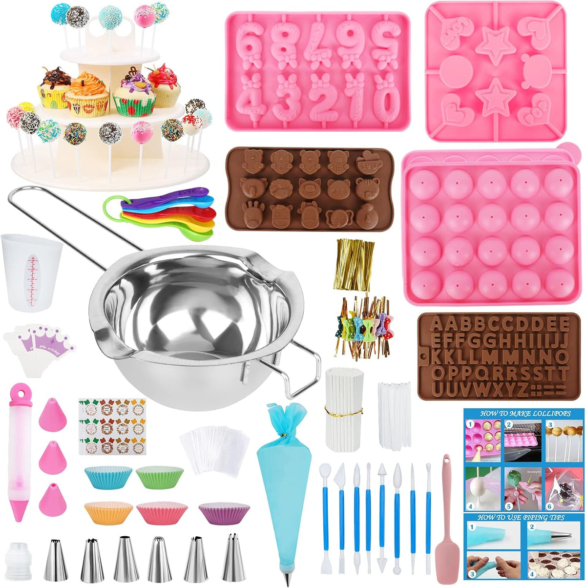 Cake Pop Maker Kit 618Pcs with 5 Silicone Mold Sets - 3 Tier Display Stand, Chocolate Candy Melting Pot,Piping Tips and Coupler, Measuring Cup