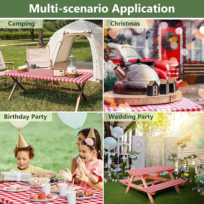 Picnic Table Cover with Bench Covers and Bag, Camping Table Camping Essentials Cover with Elastic Edges (Red)