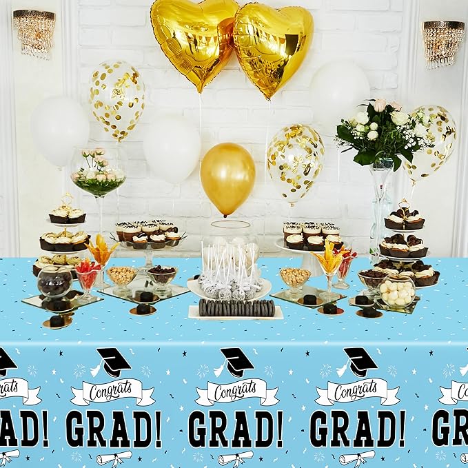 2Pcs Graduation Tablecloth, 108" X 54" Skyblue Graduation Table Decor 2026, Rectangle Tablecloth for Class 2026 Congrats Grad, Disposable Plastic Tablecover for Grad Decor Party Supplies for Kids