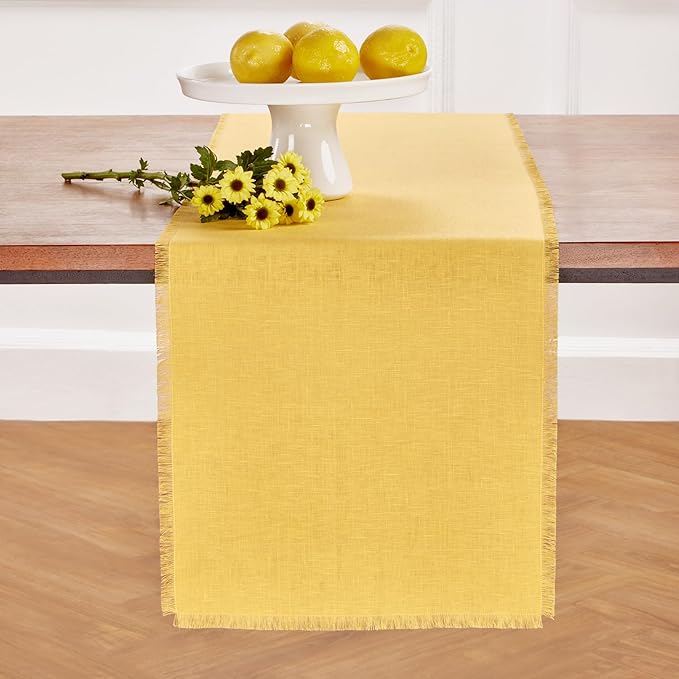 Solino Home Fringe Linen Table Runner 60 Inches - 100% Pure Linen Marigold Yellow Table Runner 14 x 60 Inch Ideal for Dresser and Coffee Tables, Spring, Easter