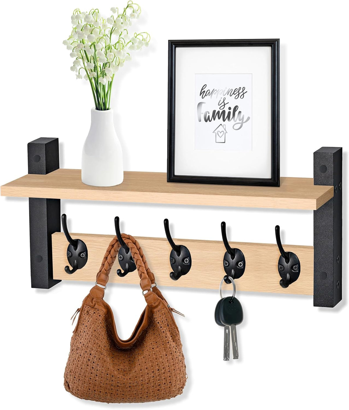 Sorbus Coat Hooks Wall Mount with Shelf – 16 Inch Coat Rack Wall Mount with 5 Heavy Duty Hooks – Floating Wall Shelf with Hooks for Entryway