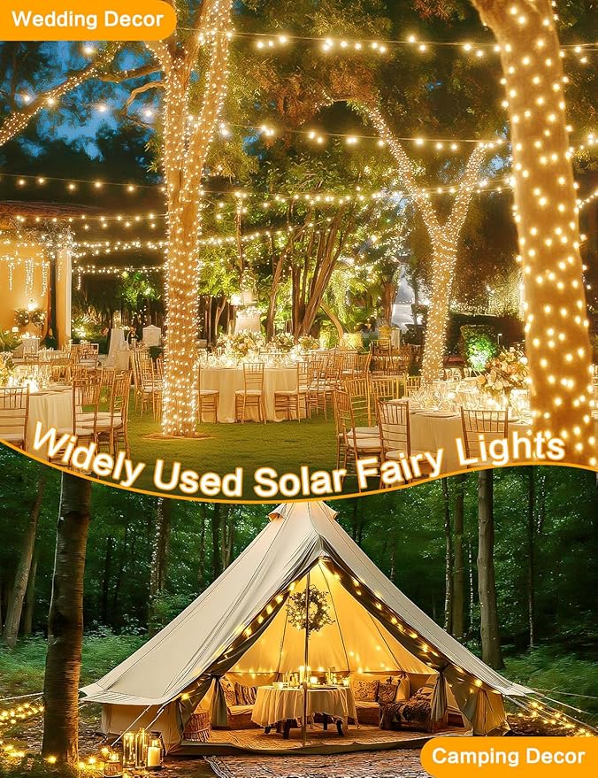 2Pack Solar String Lights Outdoor, 80FT 200LED Solar Fairy Lights, Waterproof Copper Wire & 8 Modes, Solar Twinkle Light for Garden, Tree, Wedding, Christmas Decorations, Patio, Fence (Warm White)