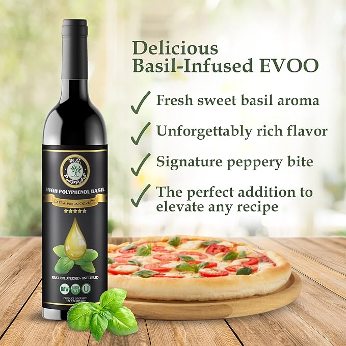M.G. Pappas High Polyphenol Rich Basil Infused Olive Oil - Extra Virgin Olive Oil - Over 500mg/kg - Cold Pressed & Unfiltered