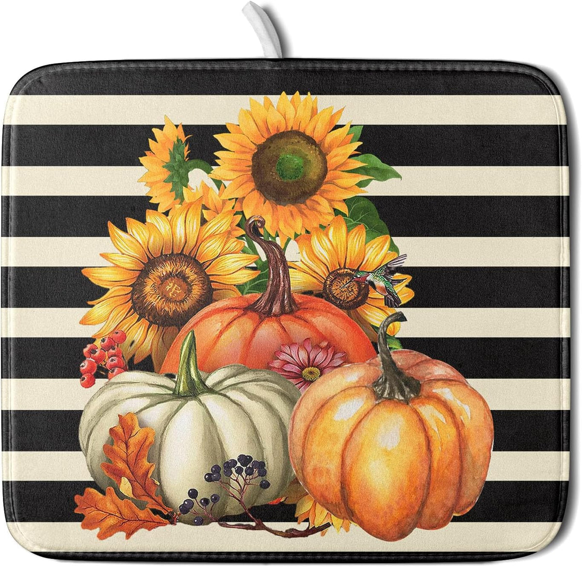 Sunflower Pumpkin Dish Drying Mat for Kitchen Counter,Black and White Stripe Drying Mat 16 x 18 Inch with Absorbent Reversible Microfiber Dish Drying